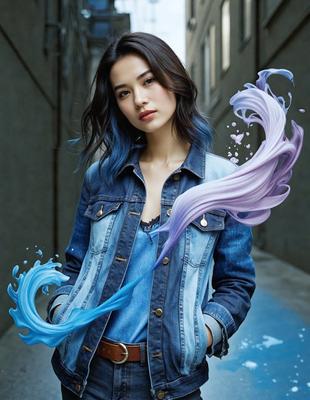 The primary subject of the image is a woman wearing a blue jacket and holding a blue and white umbrella. She is standing in front of a building, which serves as the setting for the scene. The visual style of the image is a combination of photo and digital art, creating a unique and artistic representation of the woman and her surroundings. The dominant colors in the image are blue and white, which contribute to a calm and serene atmosphere.